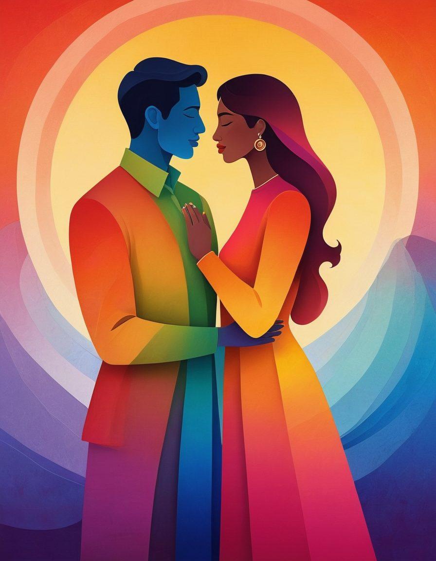 Create an abstract representation of intertwined shapes symbolizing diversity among couples, featuring a gradient spectrum of colors illustrating various cultural and personal backgrounds. Include playful nuances of single line-drawings depicting couples in intimate and playful poses, contrasting textures to represent uniqueness. Infuse elements of traditional motifs from different cultures subtly in the background. vibrant colors. modern abstract style.