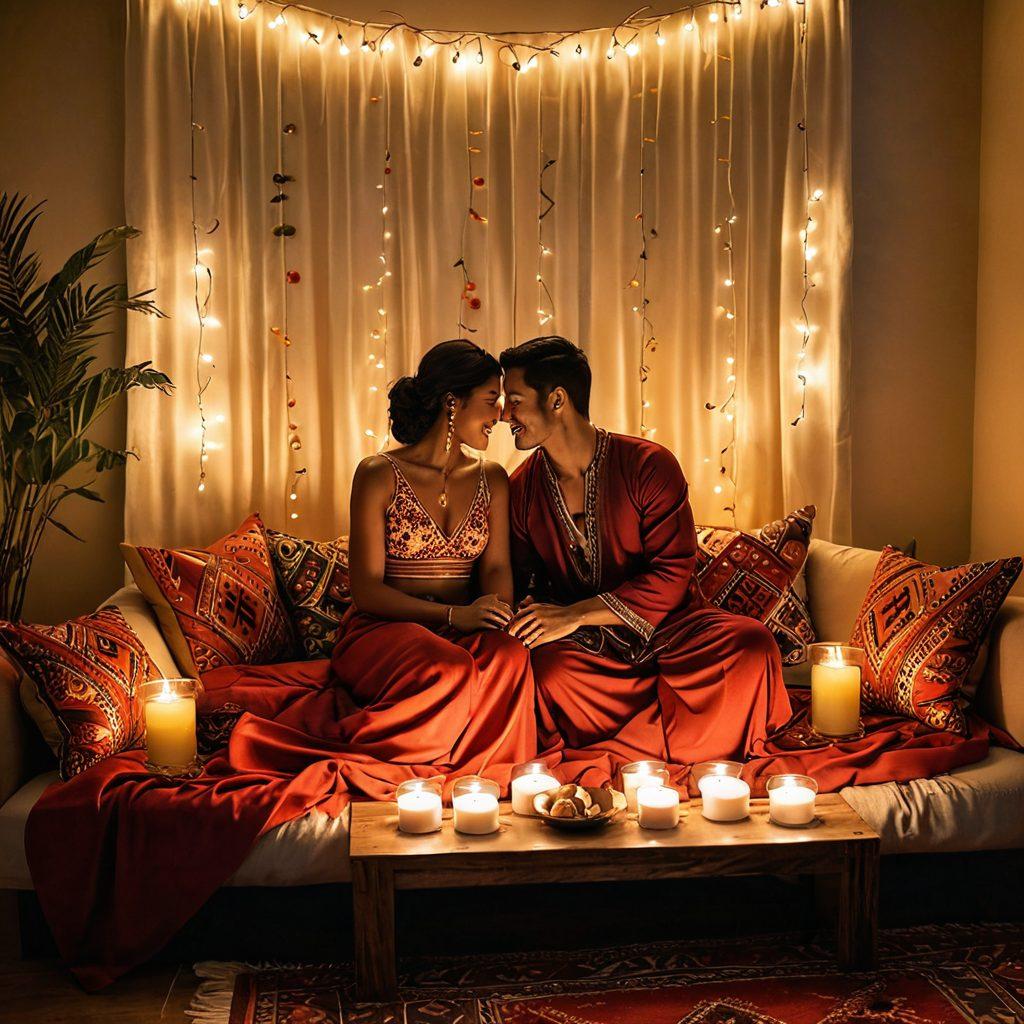 A warm, inviting scene featuring diverse amateur couples engaged in intimate, playful activities, showcasing love and connection. The backdrop features a blend of cultural elements, such as traditional textiles and decorations, to emphasize ethnic diversity. Soft, romantic lighting creates an intimate atmosphere, highlighting genuine emotions and tenderness. Include elements like soft pillows, candles, and natural surroundings to enhance the cozy feel. vibrant colors. super-realistic.