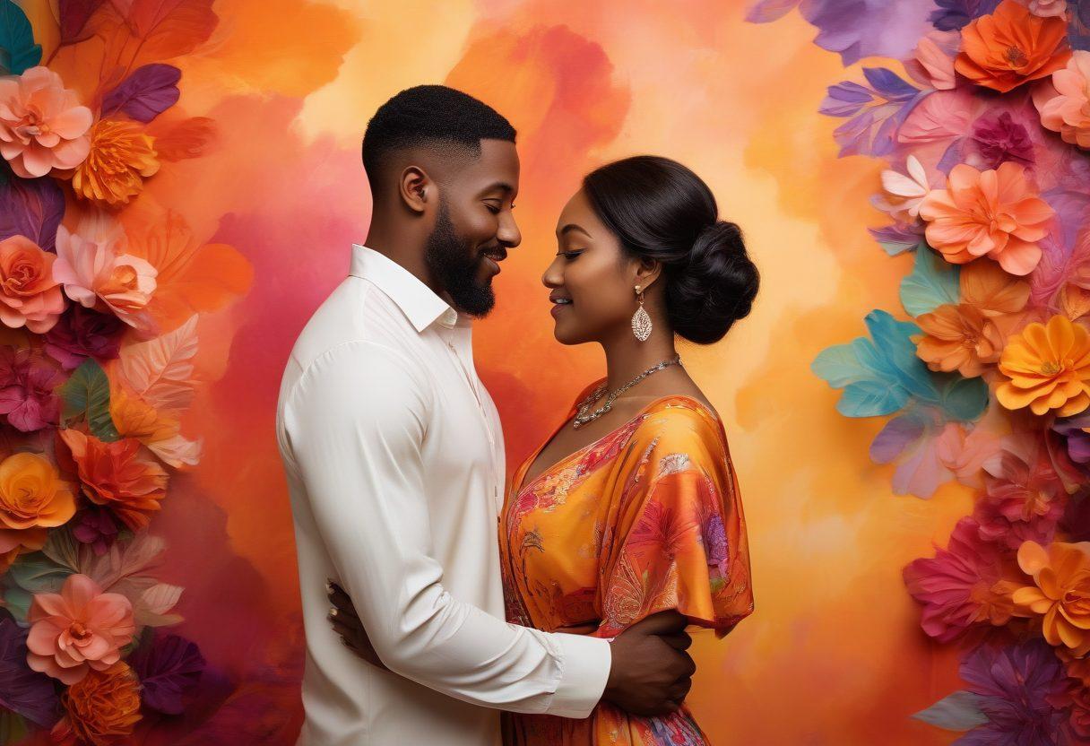 A vibrant collage depicting diverse couples of different ethnic backgrounds sharing intimate, joyful moments together, set against a colorful abstract backdrop that symbolizes connection and unity. The scene should exude warmth and inclusivity, featuring elements like flowing fabrics and playful decor to enhance the atmosphere. The lighting should be soft and inviting, evoking a sense of embrace and togetherness. super-realistic. vibrant colors. dreamy atmosphere.